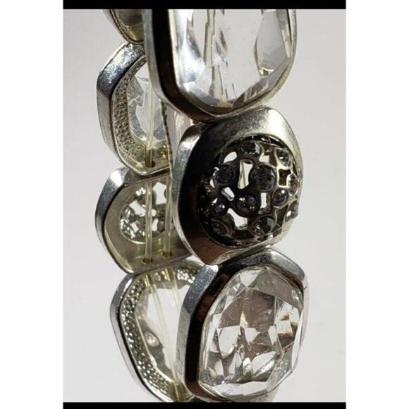 Chicos Roselle Bracelet Clear Crystal Rhinestone‎ Statement Silver Stretch New - Picture 2 of 7